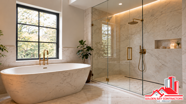 Modern Bathroom Remodel in Sonoma, CA - Explore this modern bathroom remodel in Sonoma, CA, featuring a freestanding soaking tub, spacious glass-enclosed walk-in shower, floating double vanity, and elegant gold fixtures. Stone-look surfaces, warm wood cabinetry, and soft accent lighting create a relaxing, spa-inspired space that combines contemporary design, comfort, and everyday functionality.
Planning your own bathroom remodel? Contact Golden Bay Contractors today to discuss your project and request an estimate! Modern Bathroom Remodel in Sonoma, CA - Explore this modern bathroom remodel in Sonoma, CA, featuring a freestanding soaking tub, spacious glass-enclosed walk-in shower, floating double vanity, and elegant gold fixtures. Stone-look surfaces, warm wood cabinetry, and soft accent lighting create a relaxing, spa-inspired space that combines contemporary design, comfort, and everyday functionality.
Planning your own bathroom remodel? Contact Golden Bay Contractors today to discuss your project and request an estimate!