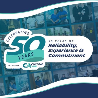 Celebrating 50 Years! - Custom Air is proud to celebrate 50 years of serving local homeowners with dependable heating and cooling solutions. Since 1976, our team has built a reputation around reliability, experience, quality workmanship, and a commitment to our customers.