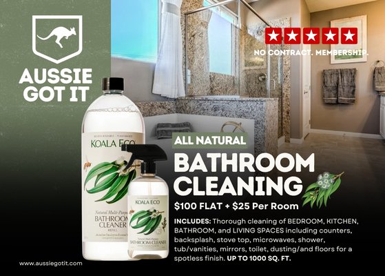 $100 FLAT + $25 per room - $100 FLAT + $25 Per Room.
Eco-housekeeping includes Koala Eco's certified toxic-free formulas. $100 FLAT + $25 per room - $100 FLAT + $25 Per Room.
Eco-housekeeping includes Koala Eco's certified toxic-free formulas.