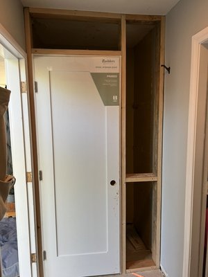 Small wall frame, with prehung door. - Customer requested to convert this small hallway into a room. We were able to frame a small wall and install a door. Ready for drywall and paint! Small wall frame, with prehung door. - Customer requested to convert this small hallway into a room. We were able to frame a small wall and install a door. Ready for drywall and paint!