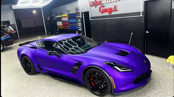 WRAPPED PURPLE CORVETTE - In this project we changed this boring black corvette to this unique satin purple aluminum vehicle wrap.  Customers vehicle wrap was also protected with a 4 year ceramic coating as well as their rims Powdercoated to gloss black.