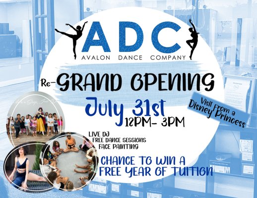 Re- Grand Opening event - Dance classes offered for Ages 2 and up. As well as Group fitness classes for adults. New locations , New classes, New Fun! Re- Grand Opening event - Dance classes offered for Ages 2 and up. As well as Group fitness classes for adults. New locations , New classes, New Fun!