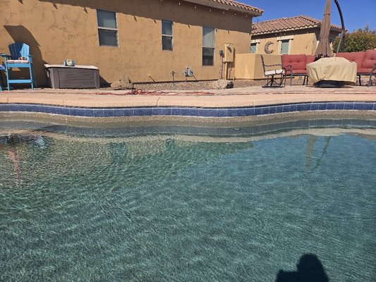 Pool Tile Cleaning - Lovely backyard views but the pool tile built up that calcium line...thanks to Tucson hard water. No worries, we do the Drain. SodaBLast Tile Clean. Chlorine Rinse pool refill and water balance.
No stress, no fuss, just beautiful tile line and freshly balanced pool water after 2-3 days. Pool Tile Cleaning - Lovely backyard views but the pool tile built up that calcium line...thanks to Tucson hard water. No worries, we do the Drain. SodaBLast Tile Clean. Chlorine Rinse pool refill and water balance.
No stress, no fuss, just beautiful tile line and freshly balanced pool water after 2-3 days.