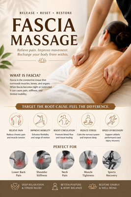 Fascia Massage Originally $100 for 60 Minutes — Now Only $70 for 60 Minutes - Fascia Massage
Originally $100 for 60 Minutes — Now Only $70 for 60 Minutes

Fascia massage helps release deep muscle tension and tight connective tissue (fascia), improving flexibility, circulation, posture, and mobility. It is especially helpful for chronic pain, stiffness, sports recovery, neck and back tension, and muscle fatigue. This treatment can help the body feel lighter, looser, and more balanced after long periods of stress, exercise, or physical work.
