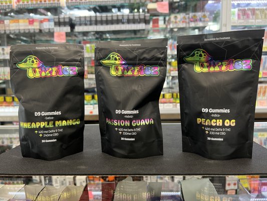 Trippiez Delta 9 Gummies - Our award winning D9 gummies are now available in three delicious flavors! Pineapple mango (sativa) Passionfruit guava (hybrid) and Peach OG (indica). Our gummies are made with solvent-free flower rosin and are 100% organic. Fresh pressed locally and made with love, you won’t find a better quality gummy. We offer 30ct bags containing 420mg of D9 and 330mg of CBD. Find your new favorite flavor!