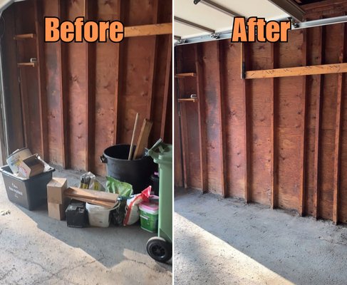 Full Garage Cleanout and Disposal - This garage was filled with cabinets, tiles, wood, recycling, chemicals, and more. We safely handled the heavy lifting, sorted items for proper disposal, and gave our client back a clean and usable space.