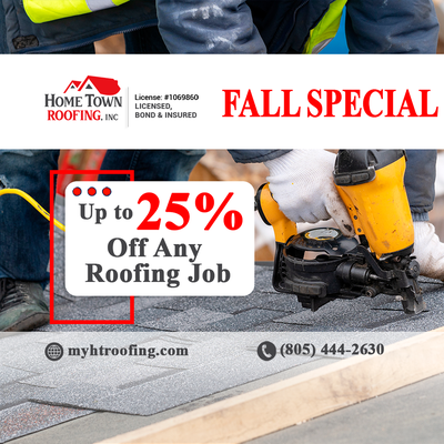 Home Town Roofing: Over 20 Years of Excellence in Roofing Solutions - At Home Town Roofing, we pride ourselves on delivering durable, stylish, and affordable roofing solutions tailored to your specific needs. With over two decades of expertise, our commitment to quality craftsmanship and customer satisfaction sets us apart in the industry.
We're excited to announce a 25% discount on all roofing jobs this fall. Whether you're considering a minor repair or a complete roof replacement, now is the perfect time to take advantage of this limited-time offer. Home Town Roofing: Over 20 Years of Excellence in Roofing Solutions - At Home Town Roofing, we pride ourselves on delivering durable, stylish, and affordable roofing solutions tailored to your specific needs. With over two decades of expertise, our commitment to quality craftsmanship and customer satisfaction sets us apart in the industry.
We're excited to announce a 25% discount on all roofing jobs this fall. Whether you're considering a minor repair or a complete roof replacement, now is the perfect time to take advantage of this limited-time offer.