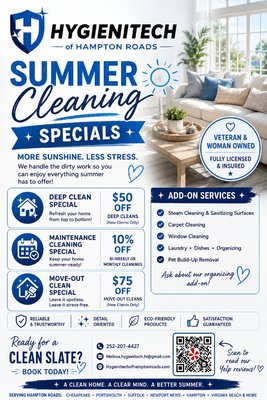 Summer Specials - ☀️ SUMMER CLEANING SPECIALS ARE HERE! 🧼✨
Spend your summer making memories—not cleaning them! Whether you're getting ready for family visits, hosting BBQs, or just want to come home to a sparkling clean house, we've got you covered.
🌊 Summer Specials Include: 🏡 $50 OFF New Client Deep Cleans 🧽 10% OFF Bi-Weekly & Monthly Maintenance Cleanings 🚚 $75 OFF New Client Move-Out Cleans
We're proud to be a Veteran & Woman-Owned, fully licensed and insured local business serving Hampton Roads with reliable, detail-oriented service.
✨ Ask us about: ✔️ Carpet Cleaning ✔️ Steam Cleaning & Surface Sanitizing ✔️ Window Cleaning ✔️ Laundry, Dishes & Organizing Summer Specials - ☀️ SUMMER CLEANING SPECIALS ARE HERE! 🧼✨
Spend your summer making memories—not cleaning them! Whether you're getting ready for family visits, hosting BBQs, or just want to come home to a sparkling clean house, we've got you covered.
🌊 Summer Specials Include: 🏡 $50 OFF New Client Deep Cleans 🧽 10% OFF Bi-Weekly & Monthly Maintenance Cleanings 🚚 $75 OFF New Client Move-Out Cleans
We're proud to be a Veteran & Woman-Owned, fully licensed and insured local business serving Hampton Roads with reliable, detail-oriented service.
✨ Ask us about: ✔️ Carpet Cleaning ✔️ Steam Cleaning & Surface Sanitizing ✔️ Window Cleaning ✔️ Laundry, Dishes & Organizing