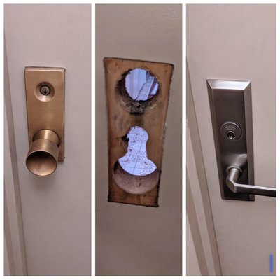 Commercial Keypad lock installed - 2 diffrent locking mechanism installation.
1) Residential lever handle mechanism replacement at a condo building
2) Commercial grade keypad installation, as well as a welded box that can fit new and upgraded keypad lock. Commercial Keypad lock installed - 2 diffrent locking mechanism installation.
1) Residential lever handle mechanism replacement at a condo building
2) Commercial grade keypad installation, as well as a welded box that can fit new and upgraded keypad lock.