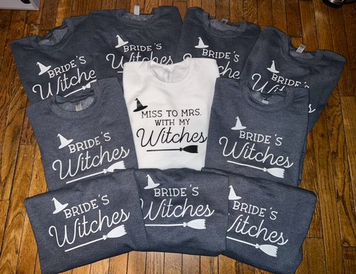Halloween themed bridal party package. - These crew neck sweatshirts and tote bags were made for a bridal party to celebrate the bride in Salem, Massachusetts! We love spooky apparel to go along with a spooky bachelorette party! Halloween themed bridal party package. - These crew neck sweatshirts and tote bags were made for a bridal party to celebrate the bride in Salem, Massachusetts! We love spooky apparel to go along with a spooky bachelorette party!