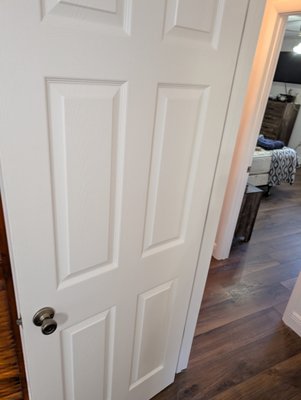 Doors refinished, primed and painted - We not only reinstalled and adjusted all doors but also primed and painted for that great finished look. Job was completed on time and within budget. Doors refinished, primed and painted - We not only reinstalled and adjusted all doors but also primed and painted for that great finished look. Job was completed on time and within budget.
