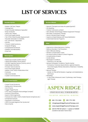 What We Treat & How We Treat - What we Treat:

- Spine: Back & Neck Pain
- Orthopedics (joint pain)
- Pre & Post Surgery Rehab
- Sports Injuries
- Total Joint Rehab
- Workers Comp Cases
- Chronic Pain
- & so much more ...

How We Treat:

At Aspen Ridge Physical Therapy, our mission is to help every patient Feel Better, Move Better, and Be Better!

We strongly believe that every patient deserves one-on-one treatment and personalized care. We start on the very first visit by assessing and evaluating every patient to get a customized diagnosis so we can create a personal plan of care and treatment plan for each patient.

We provide manual hands-on therapy, IASTM, soft-tissue mobilization, customized exercises plans, joint mobilizations, as well as modalities to help each patient feel better and eliminate their pain.