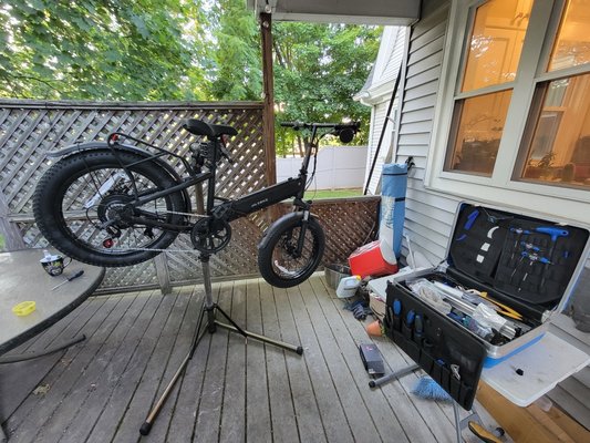 E-Bike - E-bike tune-up: Got his chain on, gears shifting smoothly, and brakes aligned. New bike, so I ensured everything was properly tightened and safe.