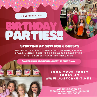 Birthday Parties - Celebrate with us! Check out our birthday party packages that your guests will love-- and they'll go home with their own custom cake! Birthday Parties - Celebrate with us! Check out our birthday party packages that your guests will love-- and they'll go home with their own custom cake!