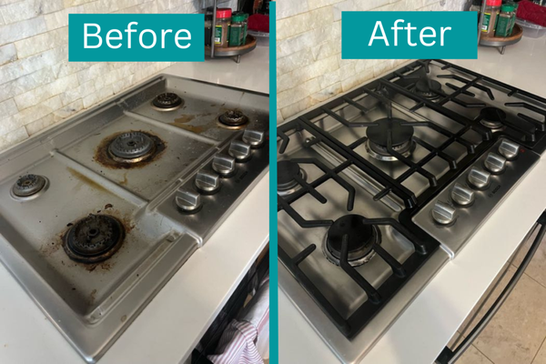 Kitchen Stovetop Deep Cleaning - This client requested a deep cleaning for their household. If the customer doesn't have their stove cleaned every 2-3 weeks, it typically ends up looking similar to this before photo. If interested in a recurring clean, visit out website to learn more about the services we offer!