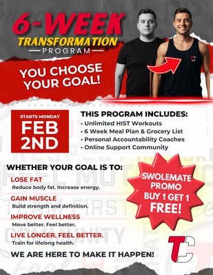 6 Week Challenge Feb 2nd 
Buy 1 Get 1 FREE! - Ready to get results without doing it alone?
Join our 6-Week SwoleMate Challenge at The Camp Costa Mesa and bring a workout partner FREE. Starts Feb 2nd