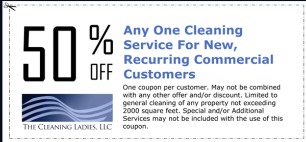 50% off Commercial Cleaning - We would be happy to give you a quote for your office building. Please give us a call. 50% off Commercial Cleaning - We would be happy to give you a quote for your office building. Please give us a call.