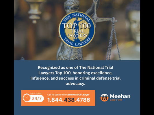 Top Awards, Highest Distinctions & Specialized Association Memberships - Recognized by Super Lawyers and Top 100 Trial Lawyers. Affiliated with prestigious legal organizations, including the California DUI Lawyers Association and the National College of DUI Defense. The Meehan Law Firm is a proud member of 1-800-NoCuffs, a nationwide criminal defense network of top-rated lawyers. With nearly three decades of criminal law experience, 1-800-NoCuffs is a trusted brand with a selective screening process for its members. The Meehan Law Firm is the exclusive member of 1-800-NoCuffs in the state of California.