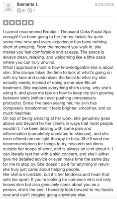 Client Testimonials - Real stories from real clients -- discover why Thousand Oaks Facial Spa is a trusted destination for glowing, healthy skin. Client Testimonials - Real stories from real clients -- discover why Thousand Oaks Facial Spa is a trusted destination for glowing, healthy skin.