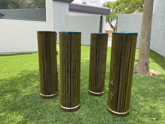 Filter Wash - Four dirty pool filters. Dirt accumulated over which eventually builds up algae. Cleaned these filters. Filter Wash - Four dirty pool filters. Dirt accumulated over which eventually builds up algae. Cleaned these filters.