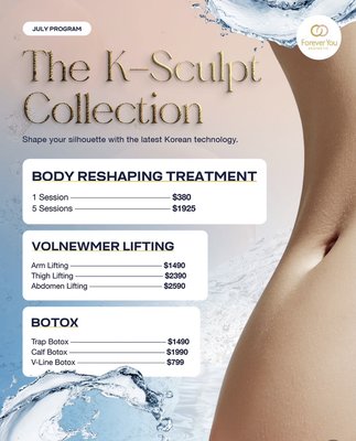 The K-Sculpting Collection - Body Reshaping Treatment
Sculpt, tone, and redefine your body with our non-invasive Body Reshaping Treatment, designed to target stubborn areas while improving skin firmness and contour.
Whether you're looking for a single treatment before a special occasion or a complete transformation, we offer flexible packages to fit your goals:
✔️ 1-Session Package
✔️ 5-Session Package
Volnewmer (Everesse) Body Lifting
Experience one of Korea's newest innovations in radiofrequency technology with Volnewmer (Everesse).
Using advanced monopolar RF energy, this treatment stimulates collagen production while tightening loose skin for natural-looking lifting and firming.
Our July program features:
✨ Arm Lifting
Create firmer, smoother upper arms with improved skin elasticity.
✨ Thigh Lifting
Tighten and contour the inner and outer thighs while enhancing skin texture.
✨ Abdomen Lifting
Improve skin laxity and achieve a firmer-looking midsection with collagen-boosting technology.
Botox for Body Contouring
Botox isn't just for facial rejuvenation—it can also help create beautifully balanced body contours.
Our July specials include:
💪 Trap Botox
Relax overactive trapezius muscles to create a longer, more elegant neckline while relieving muscle tension.
🦵 Calf Botox
Slim and soften the appearance of bulky calf muscles for a more refined lower-leg silhouette.
💖 V-Line Botox
Create a slimmer, softer jawline for a beautifully contoured facial profile inspired by Korean beauty aesthetics. The K-Sculpting Collection - Body Reshaping Treatment
Sculpt, tone, and redefine your body with our non-invasive Body Reshaping Treatment, designed to target stubborn areas while improving skin firmness and contour.
Whether you're looking for a single treatment before a special occasion or a complete transformation, we offer flexible packages to fit your goals:
✔️ 1-Session Package
✔️ 5-Session Package
Volnewmer (Everesse) Body Lifting
Experience one of Korea's newest innovations in radiofrequency technology with Volnewmer (Everesse).
Using advanced monopolar RF energy, this treatment stimulates collagen production while tightening loose skin for natural-looking lifting and firming.
Our July program features:
✨ Arm Lifting
Create firmer, smoother upper arms with improved skin elasticity.
✨ Thigh Lifting
Tighten and contour the inner and outer thighs while enhancing skin texture.
✨ Abdomen Lifting
Improve skin laxity and achieve a firmer-looking midsection with collagen-boosting technology.
Botox for Body Contouring
Botox isn't just for facial rejuvenation—it can also help create beautifully balanced body contours.
Our July specials include:
💪 Trap Botox
Relax overactive trapezius muscles to create a longer, more elegant neckline while relieving muscle tension.
🦵 Calf Botox
Slim and soften the appearance of bulky calf muscles for a more refined lower-leg silhouette.
💖 V-Line Botox
Create a slimmer, softer jawline for a beautifully contoured facial profile inspired by Korean beauty aesthetics.
