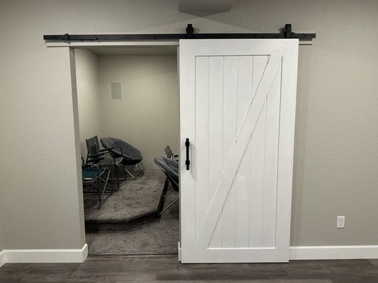 Barn Door Install - Our customer needed a barn door installed on their home theater room. We painted, and installed the door for them with soft close brackets and everything. We were happy to do the project for them! Give us a call! Barn Door Install - Our customer needed a barn door installed on their home theater room. We painted, and installed the door for them with soft close brackets and everything. We were happy to do the project for them! Give us a call!