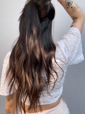 22" Beaded Row Hair Extensions for Density, Length and Color - Nadine was looking to add more length and density to her hair while adding subtle pops of color.  Because the extensions don’t fade, she is able to go longer between color touch-ups and she has gained more styling options throughout the week.  Cheers to new hair and low-maintenance gorgeous hair extensions!