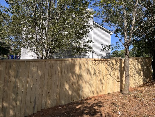 Old Fence Removal, Grading, Tree Trimming & Removal, Locating, & Custom Privacy Fence. - This is before and after pictures of a project that has been completed. This project involved the removal of an old privacy fence with doubled privacy fence over fence, tree trimming and removal, location of the underground power lines, minor grading of the property, and then the final custom privacy fence install with trimming on the outer bands. Old Fence Removal, Grading, Tree Trimming & Removal, Locating, & Custom Privacy Fence. - This is before and after pictures of a project that has been completed. This project involved the removal of an old privacy fence with doubled privacy fence over fence, tree trimming and removal, location of the underground power lines, minor grading of the property, and then the final custom privacy fence install with trimming on the outer bands.