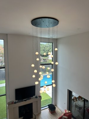 Lib&Co manufactures some of my favorite lights!!! - Another happy customer! We should have used scaffolding with this fixture but we were able to make the little giant skyscraper a-frame ladders work. Lib&Co manufactures some of my favorite lights!!! - Another happy customer! We should have used scaffolding with this fixture but we were able to make the little giant skyscraper a-frame ladders work.