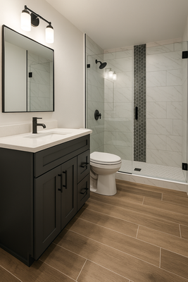 Master Bathroom Remodel - This project was a complete remodel of a dated master bathroom in Roseville, CA.
We demolished the old tub/shower combo, removed outdated tile, and installed a spacious walk-in shower with frameless glass. We also added a new freestanding soaking tub, installed a modern double vanity with quartz countertops, luxury vinyl plank flooring, upgraded lighting, and matte black fixtures.
Our client wanted a timeless and bright look, so we used a clean white-and-grey palette with natural wood accents. The final result was both elegant and functional — turning a basic bathroom into a relaxing spa-like space.
The entire project was completed on time and within budget.