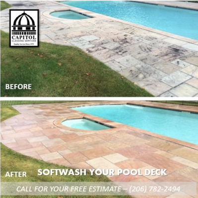 Soft Washing - Soft washing is an entirely new approach to cleaning building surfaces and an alternative to traditional pressure washing.
Unlike pressure washing which relies on abrasion to clean a surface, soft washing is a low pressure application of proprietary blends of bleach, soaps and surfactants that kill the organisms that get established on roofs, siding, walkways, fences and many other structures, discoloring and decomposing them. The Soft Washing approach treats the bacteria, algae, molds, lichens and mosses like weeds and the process is more like a herbicide treatment where the chemicals do the work and no pressure is required. The result is a sanitized surface free of living organic growth for long lasting results. Soft Washing - Soft washing is an entirely new approach to cleaning building surfaces and an alternative to traditional pressure washing.
Unlike pressure washing which relies on abrasion to clean a surface, soft washing is a low pressure application of proprietary blends of bleach, soaps and surfactants that kill the organisms that get established on roofs, siding, walkways, fences and many other structures, discoloring and decomposing them. The Soft Washing approach treats the bacteria, algae, molds, lichens and mosses like weeds and the process is more like a herbicide treatment where the chemicals do the work and no pressure is required. The result is a sanitized surface free of living organic growth for long lasting results.