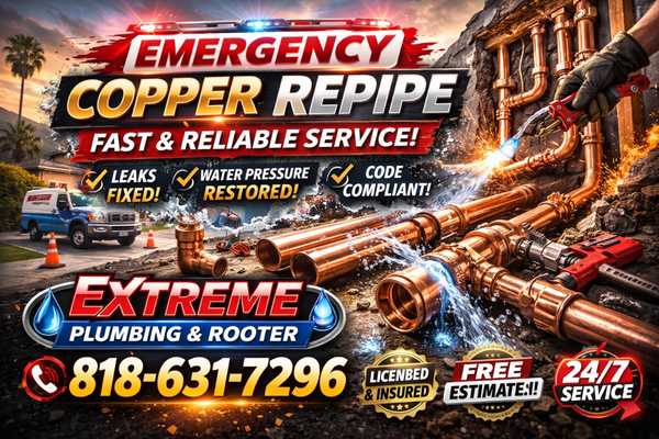 Emergency copper pipe repair - At Extreme Plumbing & Rooter, we understand that plumbing emergencies can strike at any moment, which is why we're here to provide prompt and reliable solutions when you need them most. 

Our experienced team of plumbers always arrive promptly at the scene to assess the damage and implement an effective repair strategy. With our advanced equipment and expertise, we are able to quickly locate the source of the leak and mitigate further damage to the property.

Using industry-leading techniques, we perform a precision repair on the damaged copper pipe, ensuring a durable and long-lasting solution. Our priority is not only to resolve the immediate issue but also to prevent future occurrences, providing our clients with peace of mind and confidence in their plumbing system.

If you find yourself facing a plumbing emergency, trust the professionals at Extreme Plumbing & Rooter to deliver swift and reliable solutions. Contact us today to learn more about our emergency plumbing services and how we can assist you in your time of need.