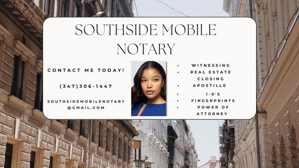 General Notary - Southside Mobile Notary is a 24/7 locally owned and operated business that provides convenient, reliable, and affordable mobile notary services to the South Atlanta community. We are available 7 days a week, 365 days a year, and we can come to you at your home, office, or other location.
We are experts in all types of notarial services, including:
Signing and notarizing documents
Fingerprinting
I-9
Witnessing signatures
Apostille and legalization services
Real estate closings
Power of attorney signings
Estate planning documents
And more!
We are also a proud member of the National Notary Association and the Georgia Notary Association, and we are committed to providing our clients with the highest quality of service. ✒ General Notary - Southside Mobile Notary is a 24/7 locally owned and operated business that provides convenient, reliable, and affordable mobile notary services to the South Atlanta community. We are available 7 days a week, 365 days a year, and we can come to you at your home, office, or other location.
We are experts in all types of notarial services, including:
Signing and notarizing documents
Fingerprinting
I-9
Witnessing signatures
Apostille and legalization services
Real estate closings
Power of attorney signings
Estate planning documents
And more!
We are also a proud member of the National Notary Association and the Georgia Notary Association, and we are committed to providing our clients with the highest quality of service. ✒