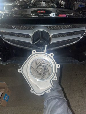 2014 Mercedes E250 - Replaced the water pump because the old one was causing a coolant leak, a common problem on these Mercedes 2.1 Turbo Diesels. The computer was throwing a P261F code, which is now gone! 2014 Mercedes E250 - Replaced the water pump because the old one was causing a coolant leak, a common problem on these Mercedes 2.1 Turbo Diesels. The computer was throwing a P261F code, which is now gone!
