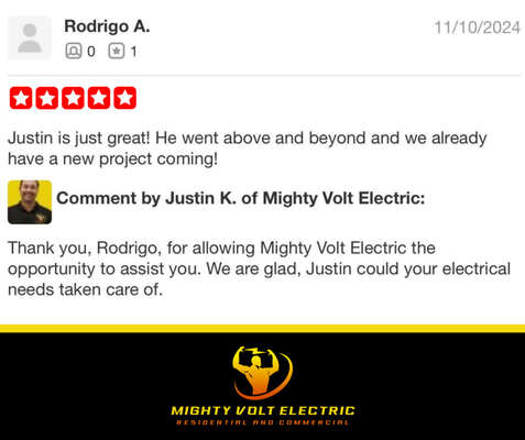 Customer Testimonials - See what the Mighty Valuable People of Mighty Volt Electric have to say about us. Customer Testimonials - See what the Mighty Valuable People of Mighty Volt Electric have to say about us.