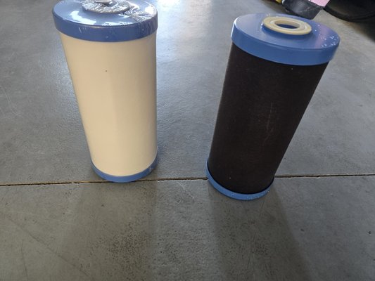 Point of entry, filter change. - This point of entry filter change out on a new home in Kuna.  The old filter has only been in there for 6 months.  Notice the difference in the old filter vs a new one.  What's in your water?