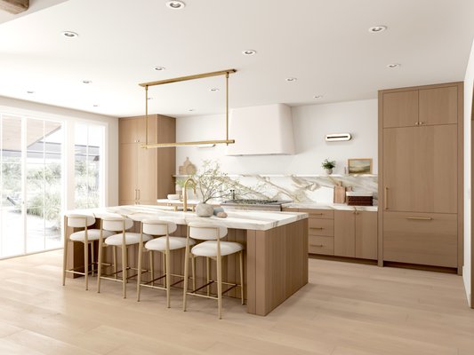 Kitchen and living room remodel - This open-concept area blends a sophisticated Organic Modern aesthetic, creating a warm and cohesive living experience.
The kitchen features light, natural wood cabinetry, a massive island with a striking veined marble countertop and backsplash, and sleek brass fixtures including a linear pendant light.
The adjacent living room continues this theme with a high ceiling featuring exposed wood beams, a comforting plaster fireplace flanked by open shelving, and plush, neutral-toned furniture, offering a serene and textured retreat Kitchen and living room remodel - This open-concept area blends a sophisticated Organic Modern aesthetic, creating a warm and cohesive living experience.
The kitchen features light, natural wood cabinetry, a massive island with a striking veined marble countertop and backsplash, and sleek brass fixtures including a linear pendant light.
The adjacent living room continues this theme with a high ceiling featuring exposed wood beams, a comforting plaster fireplace flanked by open shelving, and plush, neutral-toned furniture, offering a serene and textured retreat