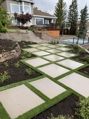 Pontazious project Pleasanton - Full backyard remodel, new basalite walls, color sand blasted concrete, synthetic grass. Pontazious project Pleasanton - Full backyard remodel, new basalite walls, color sand blasted concrete, synthetic grass.