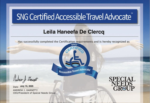 Travel Certifications - My Certificates & Professional Training
I am proud to hold a range of industry certificates that reflect my commitment to accessible and inclusive travel experiences for all.
Here are some highlights of my qualifications:

Certified Autism Travel Professional (CATP)
Accredited by the International Board of Credentialing and Continuing Education Standards, I possess specialized training to support travelers with autism and sensory sensitivities—ensuring every journey is comfortable, enjoyable, and stress-free.
Autism Double-Checked – Core Course for Travel Agents
I am trained to understand the needs of individuals and families managing autism, helping create customized travel experiences with confidence and care.
SNG Certified Accessible Travel Advocate
As a Certified Accessible Travel Advocate with Special Needs Group, I am equipped to arrange travel and transportation for clients with mobility challenges or special needs, handling every detail so you can relax and enjoy your trip.
Proud to Support the Sunflower Lanyard Program
I recognize the Sunflower Lanyard for hidden disabilities, advocating for awareness and assistance for travelers with non-visible conditions.
Archer Travel Service Sales Professional
I am recognized as a trained travel sales professional, ready to assist with a broad spectrum of destinations and itineraries.
Destination Specialist Training:
Disney Cruise Line – College of Disney Knowledge Graduate
I can expertly help you plan magical Disney cruises for all ages and needs.
Egypt Expert – Certified through Culture Holidays
From ancient pyramids to vibrant markets, I will help you explore Egypt confidently and comfortably.
California Star Advisor – Visit California
I’m trained to craft unforgettable adventures across California’s iconic destinations.
Each certificate represents a commitment to providing expert guidance, compassionate service, and perfectly tailored experiences—whether you or a loved one have special needs, accessibility requirements, or simply want a worry-free getaway.