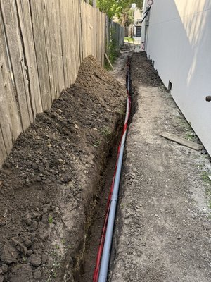 300 amp underground service with new power supply line 300 amp - Install new 300-amp underground electrical service.
Provide and install underground conduit, service conductors, 300-amp meter base, and 300-amp main disconnect/panel. Install complete grounding and bonding system per NEC. Coordinate with utility for new service connection and energization. All work to meet NEC and local code requirements. 300 amp underground service with new power supply line 300 amp - Install new 300-amp underground electrical service.
Provide and install underground conduit, service conductors, 300-amp meter base, and 300-amp main disconnect/panel. Install complete grounding and bonding system per NEC. Coordinate with utility for new service connection and energization. All work to meet NEC and local code requirements.
