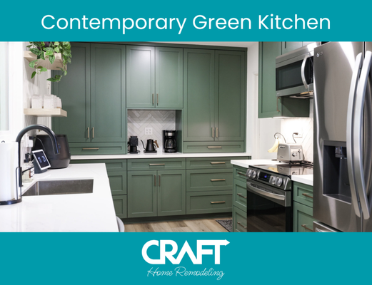 Contemporary Green Kitchen - Discover a fresh take on contemporary design with this natural palette green kitchen by Craft Home Remodeling! Green cabinetry pairs beautifully with earthy tones, creating a calm and inviting atmosphere. Contemporary Green Kitchen - Discover a fresh take on contemporary design with this natural palette green kitchen by Craft Home Remodeling! Green cabinetry pairs beautifully with earthy tones, creating a calm and inviting atmosphere.