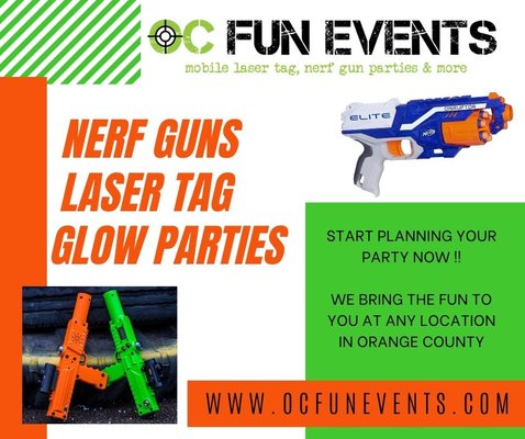 Mobile NERF Parties!! At any location in OC - Your guests will have a great time at our Nerf Gun parties at any location in Orange County. Our Game Coaches bring all of the equipment- then run all of the game and make sure the kids have a great time! Step 1- Reserve a party with us Step 2- Pick a location in OC Step 3- We bring everything to set up for the nerf games & run the party games. Step 4- you can join in on the fun! Mobile NERF Parties!! At any location in OC - Your guests will have a great time at our Nerf Gun parties at any location in Orange County. Our Game Coaches bring all of the equipment- then run all of the game and make sure the kids have a great time! Step 1- Reserve a party with us Step 2- Pick a location in OC Step 3- We bring everything to set up for the nerf games & run the party games. Step 4- you can join in on the fun!