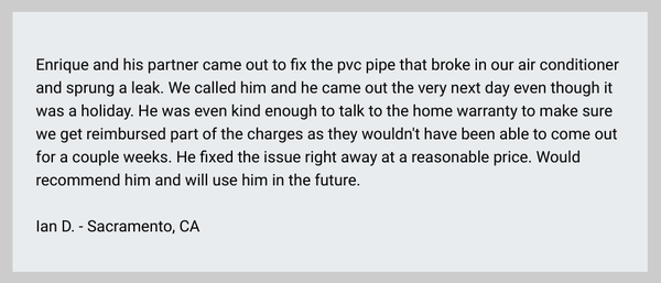 Testimonials - At ACP Mechanical, we are not just repairing and installing HVAC systems, we are also building relationships that are intended to last for many years to come. We want you to know that we value your opinions and we would like you to let us know how we are doing. If you have any questions or would like further references, please contact ACP Mechanical at 916-704-8556. Testimonials - At ACP Mechanical, we are not just repairing and installing HVAC systems, we are also building relationships that are intended to last for many years to come. We want you to know that we value your opinions and we would like you to let us know how we are doing. If you have any questions or would like further references, please contact ACP Mechanical at 916-704-8556.
