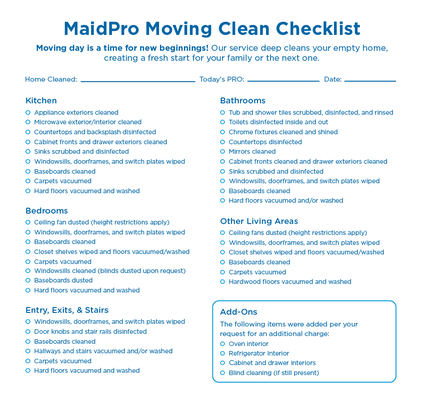 Move-In/Move-Out Cleaning - Welcome to MaidPro - Your Trusted Move-In/Move-Out Cleaning Specialists!
At MaidPro we understand that moving can be stressful. That's why we specialize in providing thorough and reliable move-in and move-out cleaning services tailored to meet the unique needs of homeowners, renters, landlords, and property managers in Colorado.
Why Choose Us?
• Expertise and Experience: With over 20 years of experience in the cleaning industry, we have perfected our move-in and move-out cleaning processes to ensure your property is spotless and ready for its new occupants.
• Comprehensive Cleaning Services: Our services cover every inch of your property, from scrubbing bathrooms to sanitizing kitchens and wiping down baseboards. We leave no corner untouched.
• Flexible Scheduling: We understand the urgency of move-in and move-out situations. That’s why we offer flexible scheduling options to accommodate your timeline and ensure a smooth transition.
• Attention to Detail: Our meticulous cleaners pay attention to detail, focusing on areas that often require extra care during moves, such as inside cabinets or closets.
• Quality Guarantee: We stand behind the quality of our work. If you’re not satisfied with any aspect of our cleaning service, we’ll make it right.
Our Services Include:
• Deep Cleaning for Move-Ins & Move-Outs
• Interior Window Cleaning
• Kitchen and Bathroom Cleaning/Sanitizing
• Dusting and Vacuuming & Mopping
• Baseboard and Trim Wiping
• Light Fixture and Ceiling Fan Dusting/Cleaning
• Appliance Cleaning (Interior and Exterior)
• Garage & Patio Sweeping
• Customizable Cleaning Packages
Client Satisfaction Guaranteed: At MaidPro, we are committed to delivering exceptional cleaning services that exceed your expectations. Whether you are preparing to move into a new home or ensuring your property is ready for its next tenant, we provide reliable and professional cleaning solutions.
Contact Us Today: Let MaidPro take care of your move-in and move-out cleaning needs. Contact us today at 970-674-7990 or visit our website to request a free quote. We look forward to helping you achieve a clean and welcoming space! Move-In/Move-Out Cleaning - Welcome to MaidPro - Your Trusted Move-In/Move-Out Cleaning Specialists!
At MaidPro we understand that moving can be stressful. That's why we specialize in providing thorough and reliable move-in and move-out cleaning services tailored to meet the unique needs of homeowners, renters, landlords, and property managers in Colorado.
Why Choose Us?
• Expertise and Experience: With over 20 years of experience in the cleaning industry, we have perfected our move-in and move-out cleaning processes to ensure your property is spotless and ready for its new occupants.
• Comprehensive Cleaning Services: Our services cover every inch of your property, from scrubbing bathrooms to sanitizing kitchens and wiping down baseboards. We leave no corner untouched.
• Flexible Scheduling: We understand the urgency of move-in and move-out situations. That’s why we offer flexible scheduling options to accommodate your timeline and ensure a smooth transition.
• Attention to Detail: Our meticulous cleaners pay attention to detail, focusing on areas that often require extra care during moves, such as inside cabinets or closets.
• Quality Guarantee: We stand behind the quality of our work. If you’re not satisfied with any aspect of our cleaning service, we’ll make it right.
Our Services Include:
• Deep Cleaning for Move-Ins & Move-Outs
• Interior Window Cleaning
• Kitchen and Bathroom Cleaning/Sanitizing
• Dusting and Vacuuming & Mopping
• Baseboard and Trim Wiping
• Light Fixture and Ceiling Fan Dusting/Cleaning
• Appliance Cleaning (Interior and Exterior)
• Garage & Patio Sweeping
• Customizable Cleaning Packages
Client Satisfaction Guaranteed: At MaidPro, we are committed to delivering exceptional cleaning services that exceed your expectations. Whether you are preparing to move into a new home or ensuring your property is ready for its next tenant, we provide reliable and professional cleaning solutions.
Contact Us Today: Let MaidPro take care of your move-in and move-out cleaning needs. Contact us today at 970-674-7990 or visit our website to request a free quote. We look forward to helping you achieve a clean and welcoming space!