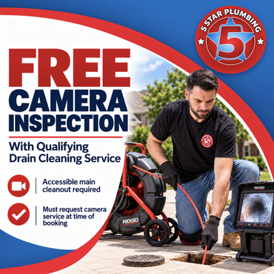 Complimentary camera inspection - Get a complimentary camera inspection of your main sewer line when you book and complete a paid full main sewer drain cleaning service with 5 Star Plumbing.
This service gives you a visual look inside the main sewer line after cleaning and may help identify visible buildup, root intrusion, damage, or other conditions that may require attention.
Offer conditions:
Must be requested at the time of booking so we can dispatch a technician with camera equipment.
Valid only with a paid full main sewer line cleaning service.
An accessible main sewer cleanout is required.
Camera inspection is for the main sewer line only.
Customer may view the inspection on-site with the technician. Video files or recordings are not provided.
This offer does not include exact defect locating, depth measurement, excavation marking, or pinpointing the precise repair location.
Camera inspection may be declined or stopped if the sewer line is severely damaged, collapsed, obstructed, or presents a risk of trapping or damaging the camera equipment.
Camera access and visibility may vary depending on pipe condition. Complimentary camera inspection - Get a complimentary camera inspection of your main sewer line when you book and complete a paid full main sewer drain cleaning service with 5 Star Plumbing.
This service gives you a visual look inside the main sewer line after cleaning and may help identify visible buildup, root intrusion, damage, or other conditions that may require attention.
Offer conditions:
Must be requested at the time of booking so we can dispatch a technician with camera equipment.
Valid only with a paid full main sewer line cleaning service.
An accessible main sewer cleanout is required.
Camera inspection is for the main sewer line only.
Customer may view the inspection on-site with the technician. Video files or recordings are not provided.
This offer does not include exact defect locating, depth measurement, excavation marking, or pinpointing the precise repair location.
Camera inspection may be declined or stopped if the sewer line is severely damaged, collapsed, obstructed, or presents a risk of trapping or damaging the camera equipment.
Camera access and visibility may vary depending on pipe condition.