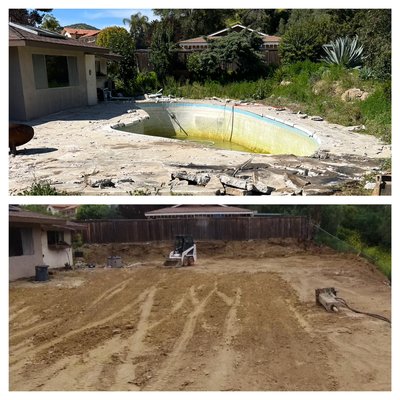 Brea Pool Demo 2023 - This pool was damaged and shifting due to unstable land. The customer decided to have it removed. We tore out the entire shell and backfilled with clean dirt. The back yard had lots of overgrown vegetation and large mounds of dirt that were left from the original pool installation. We cleared the vegetation and leveled the yard. The owner increased his yard space by about 600 square feet! He now can landscape or build an ADU. Call us today for a free quote. 714-386-8859. We’d love to take on your next demo project! Brea Pool Demo 2023 - This pool was damaged and shifting due to unstable land. The customer decided to have it removed. We tore out the entire shell and backfilled with clean dirt. The back yard had lots of overgrown vegetation and large mounds of dirt that were left from the original pool installation. We cleared the vegetation and leveled the yard. The owner increased his yard space by about 600 square feet! He now can landscape or build an ADU. Call us today for a free quote. 714-386-8859. We’d love to take on your next demo project!