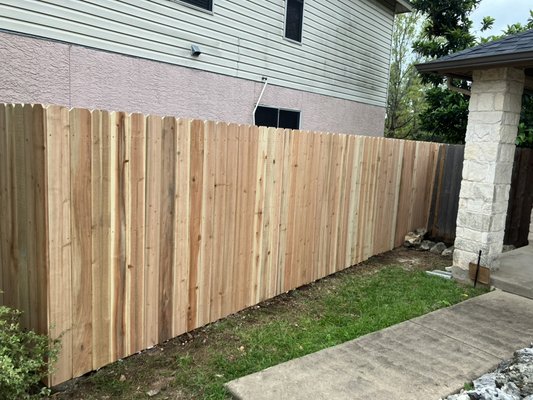 6ft Privacy fence with Cedar Pickets - This fence was replaced because the old fence was leaning due to rotten posts. The new fence used pressure treated wood to frame and cedar pickets with a 3 rail system. 6ft Privacy fence with Cedar Pickets - This fence was replaced because the old fence was leaning due to rotten posts. The new fence used pressure treated wood to frame and cedar pickets with a 3 rail system.