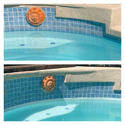 Cleaned dead sealer off tile and add new sealer which wont yellow.  Cleaned Calcium out of hot tub and sealed it as well! - This was a great project, Pool tile had been sealed with a product that yellowed over time.  We blasted all tile clean and resealed.  The hot tub needed some love too, so we cleaned off the calcium and sealed bringing back the luster.   We only use the best products!   Our sealer and cleaner are made right here in AZ!