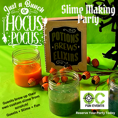 Hocus Pocus Party with Slime! Mobile Slime Party!! - Gather your group to celebrate Halloween at your Hocus Pocus party and whip up a spooky concoction of oowie-goowie slime. Your guests will Brew up their own custom slime, then add potions to spectacular delight!!
When autumn leaves begin to fly
A harvest moon begins to shine
Cold wind chills you to the bone
Do what spooks have always known
Grab a cauldron ( or a cup)
Add our mix and stir it up
Garnish with some glitter to brew
Creates a spooky, slimy mix for you! Hocus Pocus Party with Slime! Mobile Slime Party!! - Gather your group to celebrate Halloween at your Hocus Pocus party and whip up a spooky concoction of oowie-goowie slime. Your guests will Brew up their own custom slime, then add potions to spectacular delight!!
When autumn leaves begin to fly
A harvest moon begins to shine
Cold wind chills you to the bone
Do what spooks have always known
Grab a cauldron ( or a cup)
Add our mix and stir it up
Garnish with some glitter to brew
Creates a spooky, slimy mix for you!