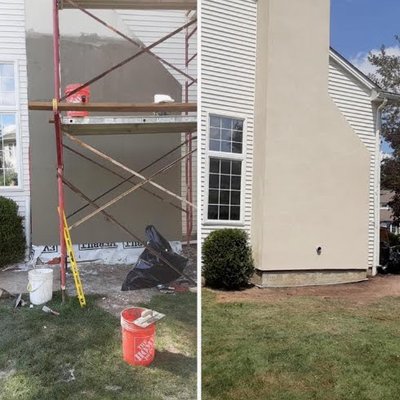 Stucco project - We rescued this stucco chimney from terminal damage by doing a complete remodel from the studs to the plaster Stucco project - We rescued this stucco chimney from terminal damage by doing a complete remodel from the studs to the plaster